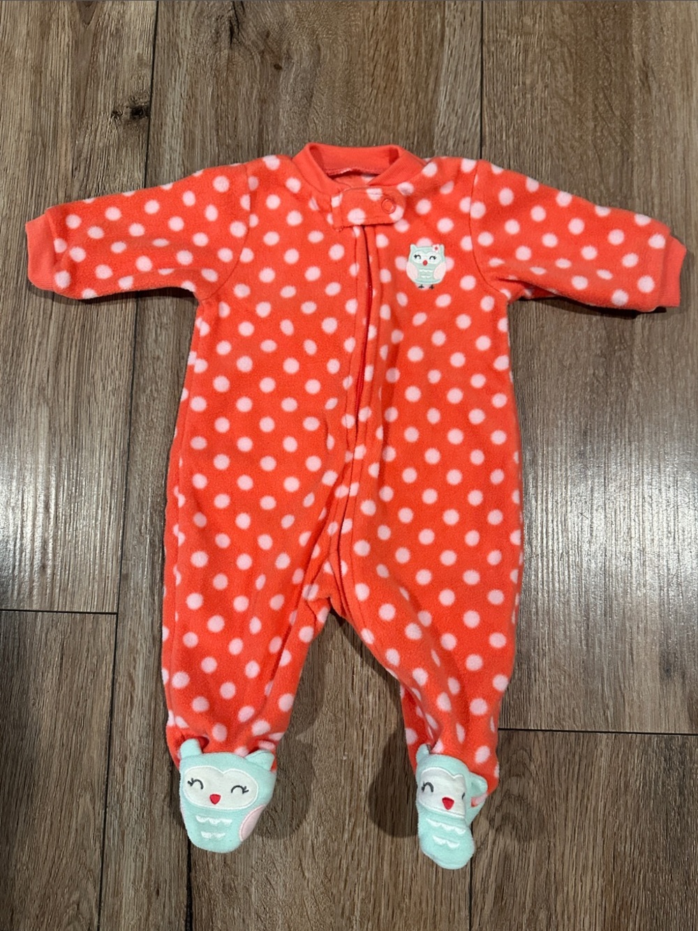 Carter's Coral Polka Dot Fleece Footed One-Piece with Owl Accents